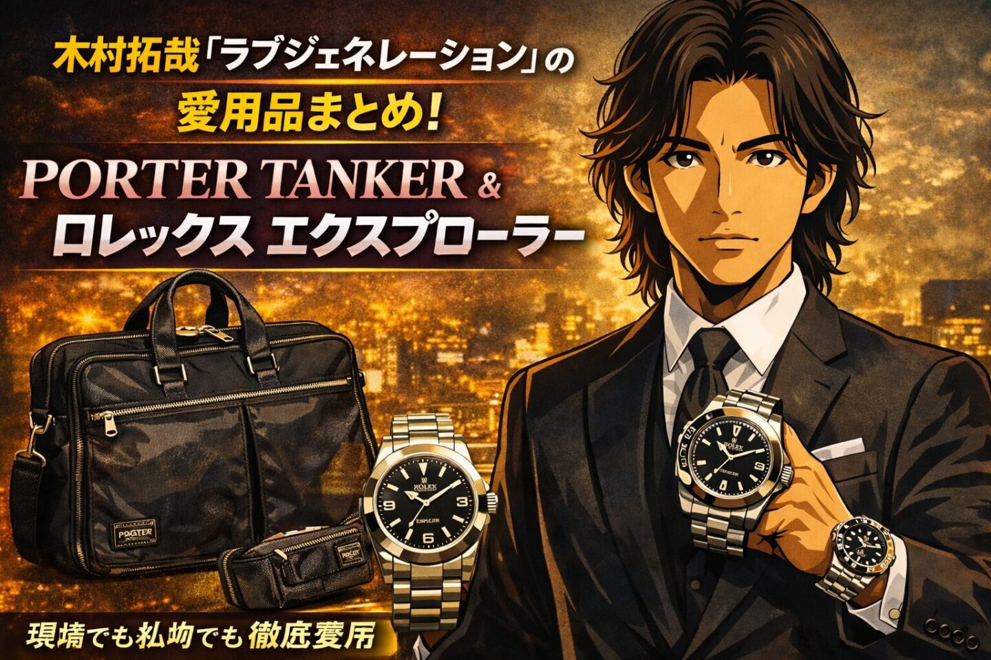 2Dアニメ風の木村拓哉がスーツ姿でロレックス エクスプローラーを着用し、PORTER TANKERバッグとともに『ラブジェネレーション』愛用アイテムを紹介する横1280×720アイキャッチ画像。