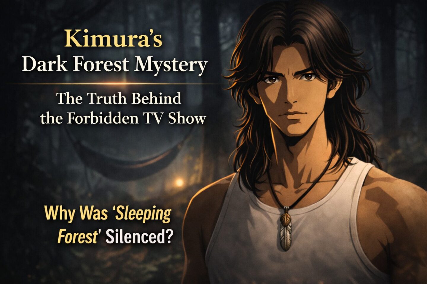 肩まで伸びた長髪の2Dアニメ風キャラクターが、白のタンクトップとフェザーネックレスを身につけ、静かな森の中でハンモックを背にミステリアスな表情を浮かべるシネマティックなアイキャッチ画像。ドラマチックなコントラストの光が差し込み、幻想的で緊張感のある世界観を演出している。