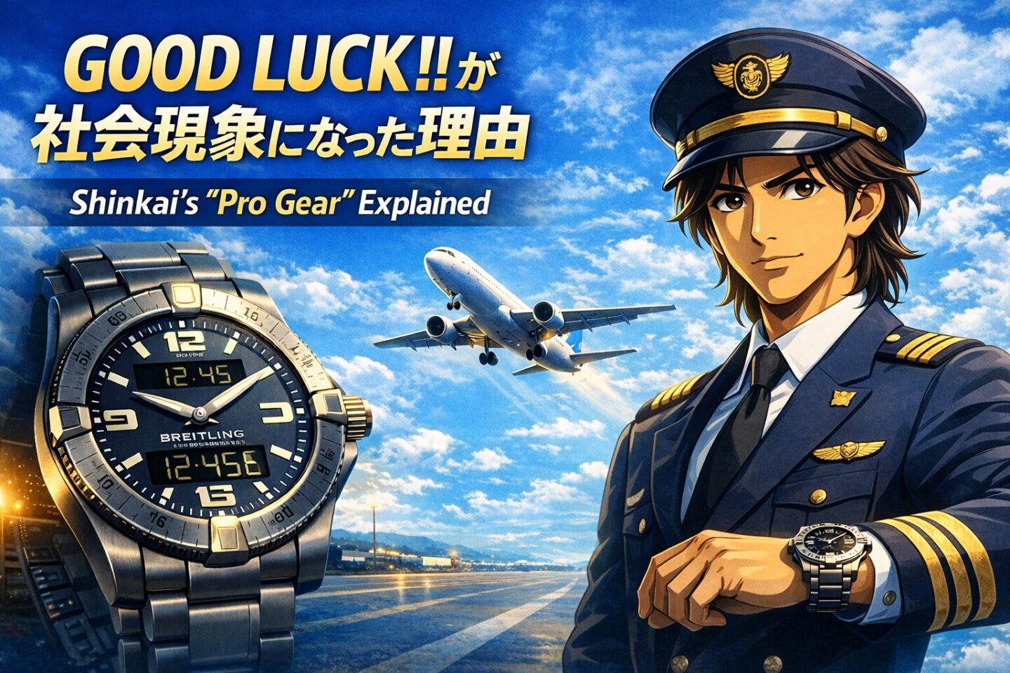 ドラマ『GOOD LUCK!!』新海元のプロ装備を象徴するパイロット姿とブライトリング風時計のアイキャッチ画像