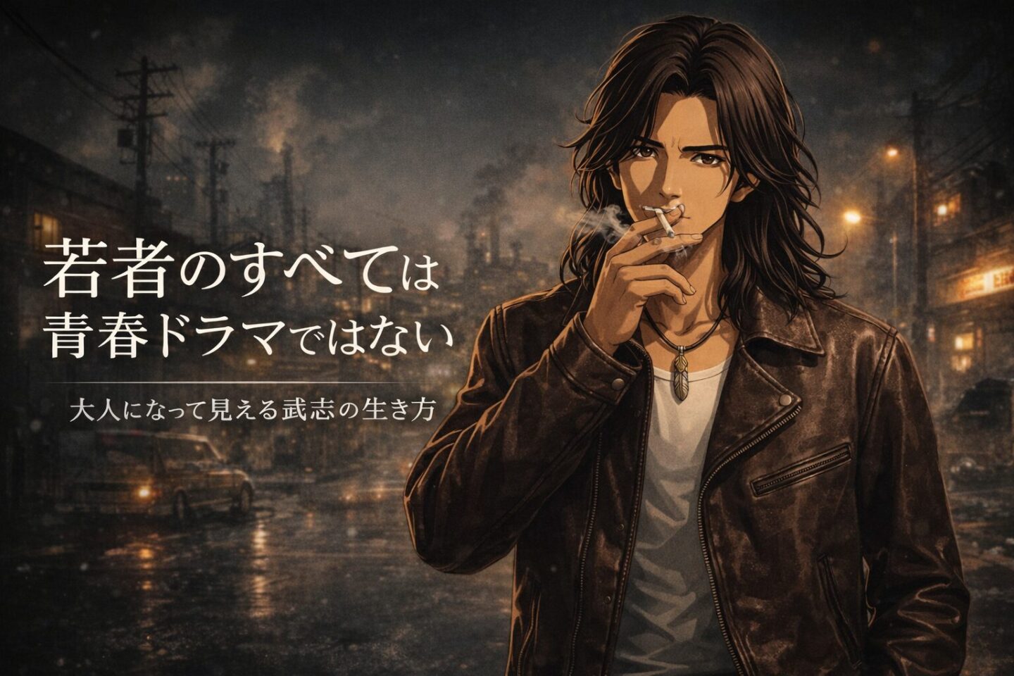 90年代の冬の工業地帯を背景に、ヴィンテージのブラウンレザージャケットを着た長髪の男性がタバコを手に静かに佇むシネマティックなアイキャッチ画像。「若者のすべては青春ドラマではない」「大人になって見える武志の生き方」のテキスト入り。