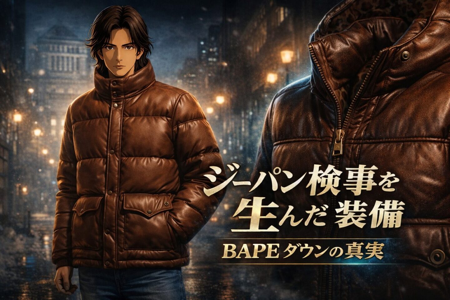 茶色のレザーシープスキンダウンジャケットを前を閉めて着用した久利生公平風キャラクターが、冬の夜の都会の路地に立つシネマティックなアイキャッチ画像。背景には検察庁を思わせる建物のシルエットと街灯の光がぼんやりと浮かび、右側にはレザーダウンの質感ディテールが強調されている。