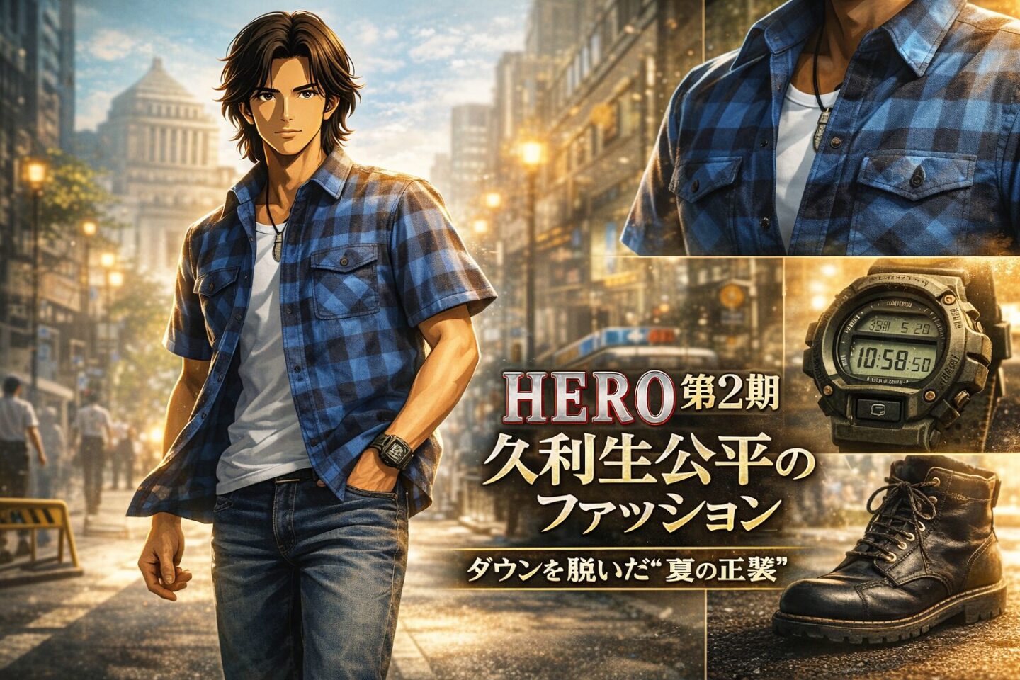 チェック柄の半袖ワークシャツを白Tシャツの上に羽織った久利生公平風キャラクターが、夏の都会の街並みを歩くシネマティックなアイキャッチ画像。右側にはシャツの質感、ブラックのワークブーツ、デジタル腕時計のディテールが配置されている。