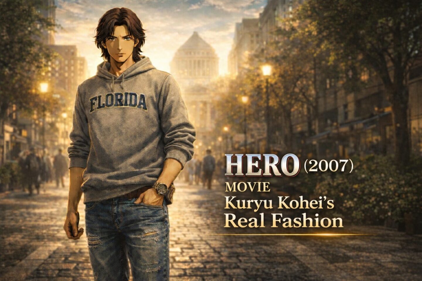 グレーのFLORIDAロゴ入りヴィンテージスウェットパーカーを着た久利生公平風キャラクターが、夕方の石畳の街並みに立つシネマティックなアイキャッチ画像。背景には裁判所のシルエットと並木道がぼんやりと溶け込み、「HERO (2007) MOVIE – Kuryu Kohei’s Real Fashion」の英字タイトルが配置されている。