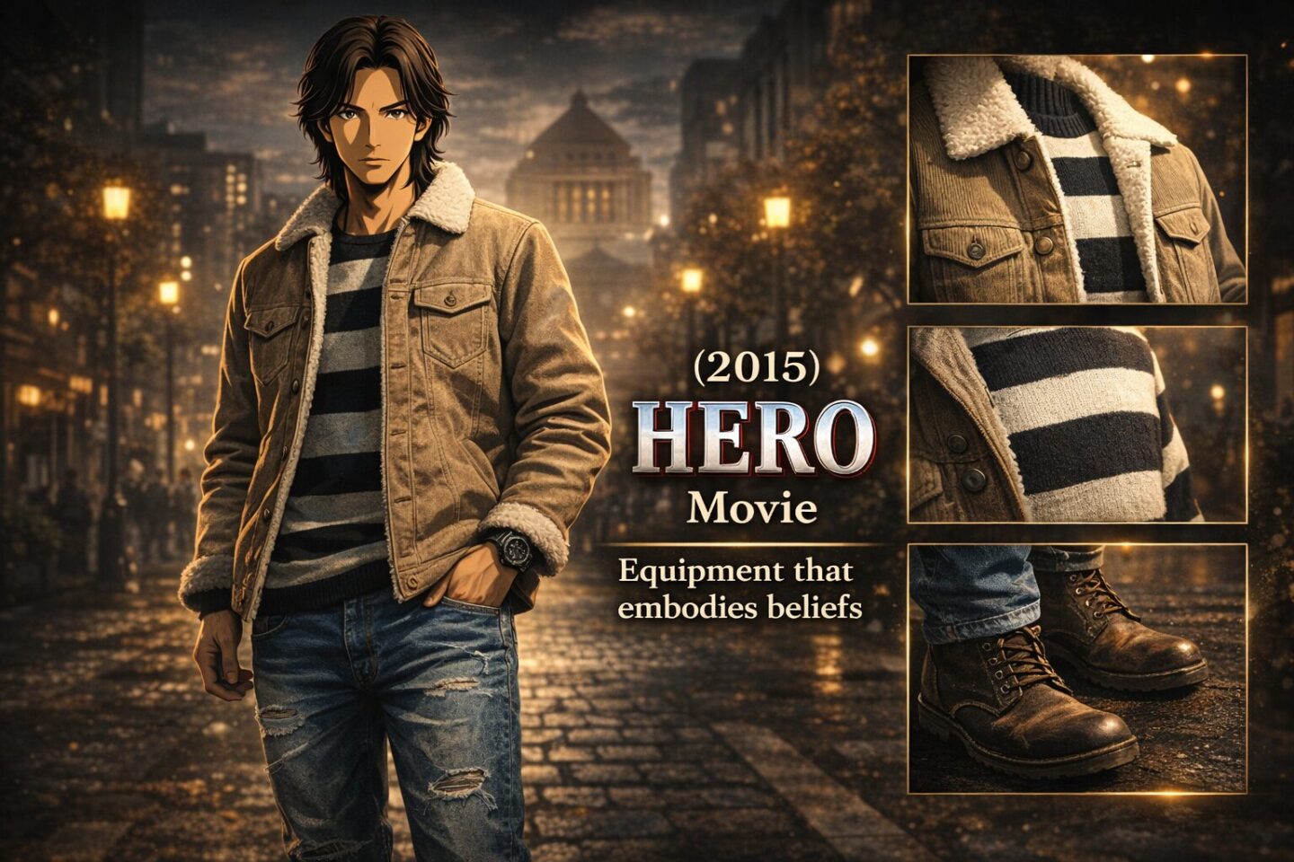 ベージュのコーデュロイランチジャケットと白×黒のボーダーカットソーを着た久利生公平風キャラクターが、夜の都会に立つシネマティックなアイキャッチ画像。背景には裁判所のシルエットと街灯の光が浮かび、「(2015) HERO Movie – Equipment that embodies beliefs」の英字タイトルと、ジャケット・インナー・ブーツのディテールが右側に配置されている。