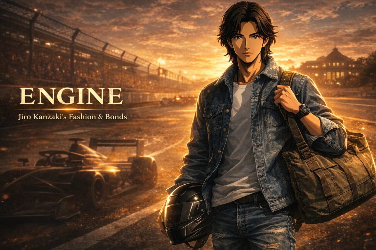 デニムシャツと白Tシャツを着た神崎次郎風キャラクターが、夕暮れのレーシングサーキットに立つシネマティックなアイキャッチ画像。手にはヘルメット、肩にはミリタリートートバッグを掛け、背景にはF3マシンのシルエットと児童養護施設を思わせる建物がぼんやりと浮かび、「ENGINE – Jiro Kanzaki’s Fashion & Bonds」の英字タイトルが配置されている。