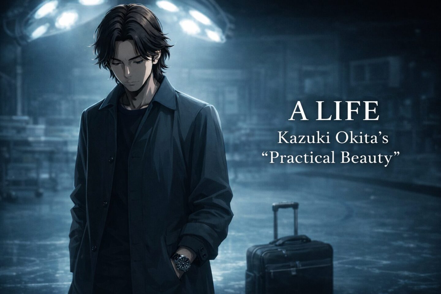 映画のようなアニメ風のイラスト。冷静で決意に満ちた男性が、冷たい手術用照明の下、滅菌手術室に立っています。ミニマルなダークコートを着て、黒のクロノグラフ時計をはめ、ローリングビジネスバッグの横に座った男性は、プロとしての精密さと静かな決意を象徴しています。A LIFE より。
