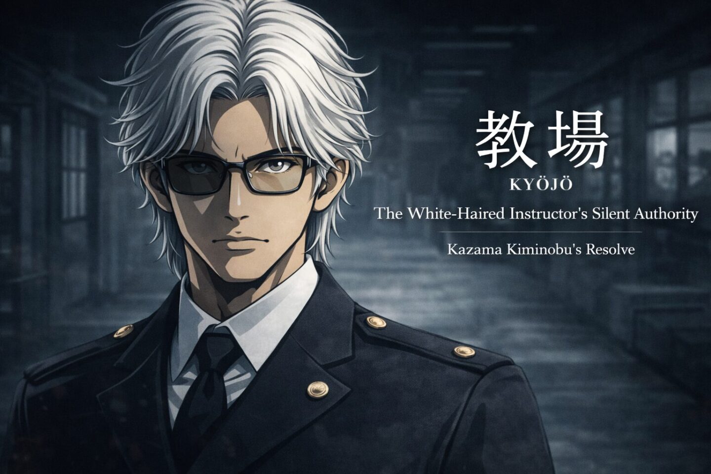 白髪の警察教官風2Dアニメキャラクターが黒の制服姿で静かに立ち、警察学校の廊下を背景に冷たい威圧感を放つ『教場』イメージのアイキャッチ画像