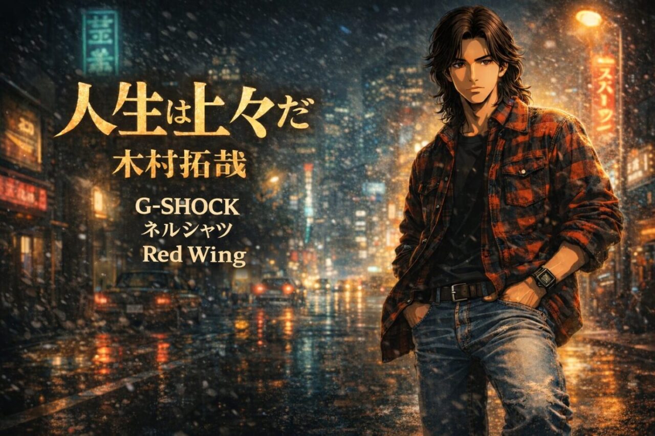 1990年代東京のネオン街を背景に、ロン毛の男性がネルシャツとデニム、ワークブーツ姿で立つシネマティックな2Dアニメ風ドラマポスター風アイキャッチ。『人生は上々だ』木村拓哉のファッションをイメージしたビジュアル。