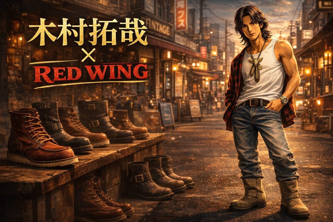 1990年代の東京ストリートを背景に、白タンクトップとデニム、エンジニアブーツを着用した日本人男性が立つシネマティックなアメカジ風アイキャッチ画像。胸元にはフェザーネックレス、左側にはワークブーツが並び「木村拓哉 × RED WING」のタイトルが配置されたドラマポスター風ビジュアル。