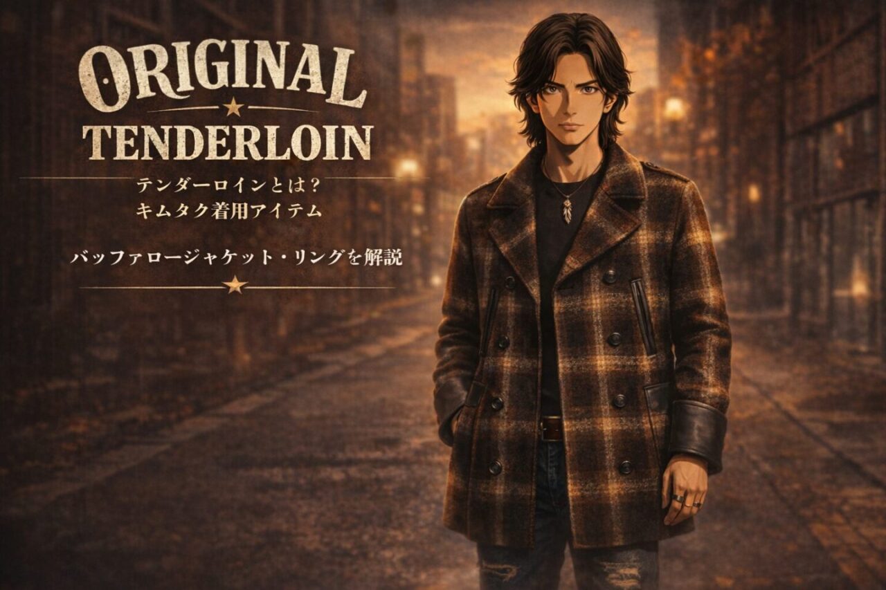 テンダーロインのティーレイルコートを着た男性をイメージした木村拓哉ファッションのビジュアル