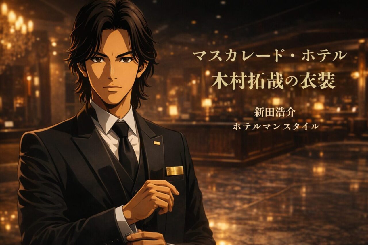 映画『マスカレード・ホテル』木村拓哉（新田浩介）のホテルマン制服と衣装スタイルをイメージしたアイキャッチ画像
