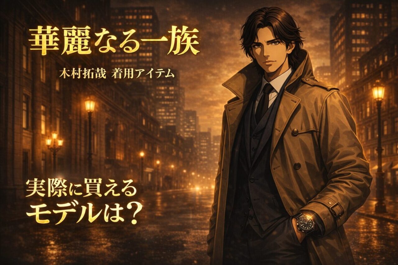 華麗なる一族で木村拓哉が着用したトレンチコートとIWC腕時計を再現したアイキャッチ画像｜夜の都会でスーツ姿の男性と高級時計を強調したビジュアル