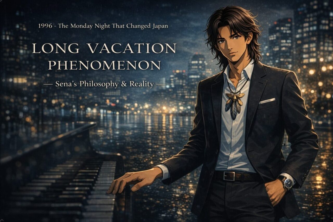 1996年の東京の雨上がりの夜を背景に、黒のタキシードを着た若い男性が静かに佇むシネマティックな2Dアニメイラスト。濡れたアスファルトにネオンが反射し、片側にはピアノの鍵盤シルエットが溶け込む。上部に「1996 – The Monday Night That Changed Japan」、中央に「LONG VACATION PHENOMENON」、下部に「Sena's Philosophy & Reality」の英字タイトル入り。