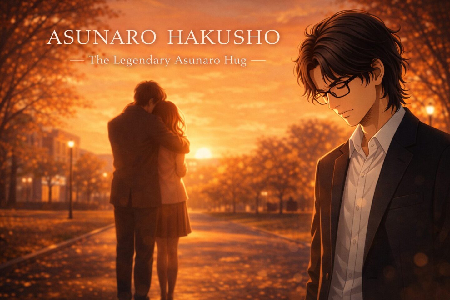 夕焼けの大学キャンパスを背景に、黒縁メガネの青年が切ない表情で立つ2Dアニメ風イラスト。奥では男女が抱き合う「バックハグ」のシルエットが描かれ、タイトル「ASUNARO HAKUSHO – The Legendary Asunaro Hug」が表示されている。