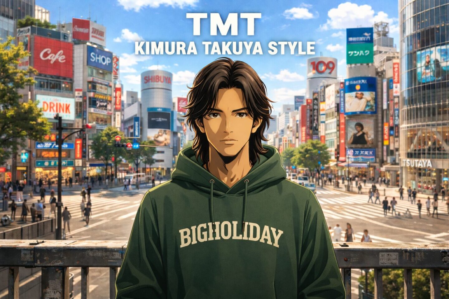 渋谷のスクランブル交差点を背景に、緑の「BIGHOLIDAY」パーカーを着た若い男性が正面を向いて立つシネマティックな2Dアニメイラスト。胸元にはフェザーネックレスのアクセサリーを着け、上部には「TMT」「KIMURA TAKUYA STYLE」のタイトル文字が配置されている。