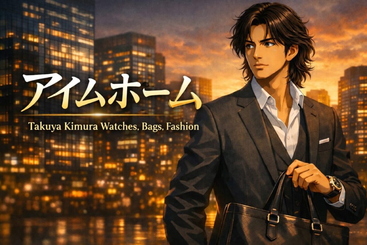 木村拓哉ドラマ『アイムホーム』のファッション解説アイキャッチ画像。スーツ姿の男性キャラクターと夕焼けの東京オフィス街を背景に「Takuya Kimura Watches, Bags, Fashion」の文字が入ったビジュアル。