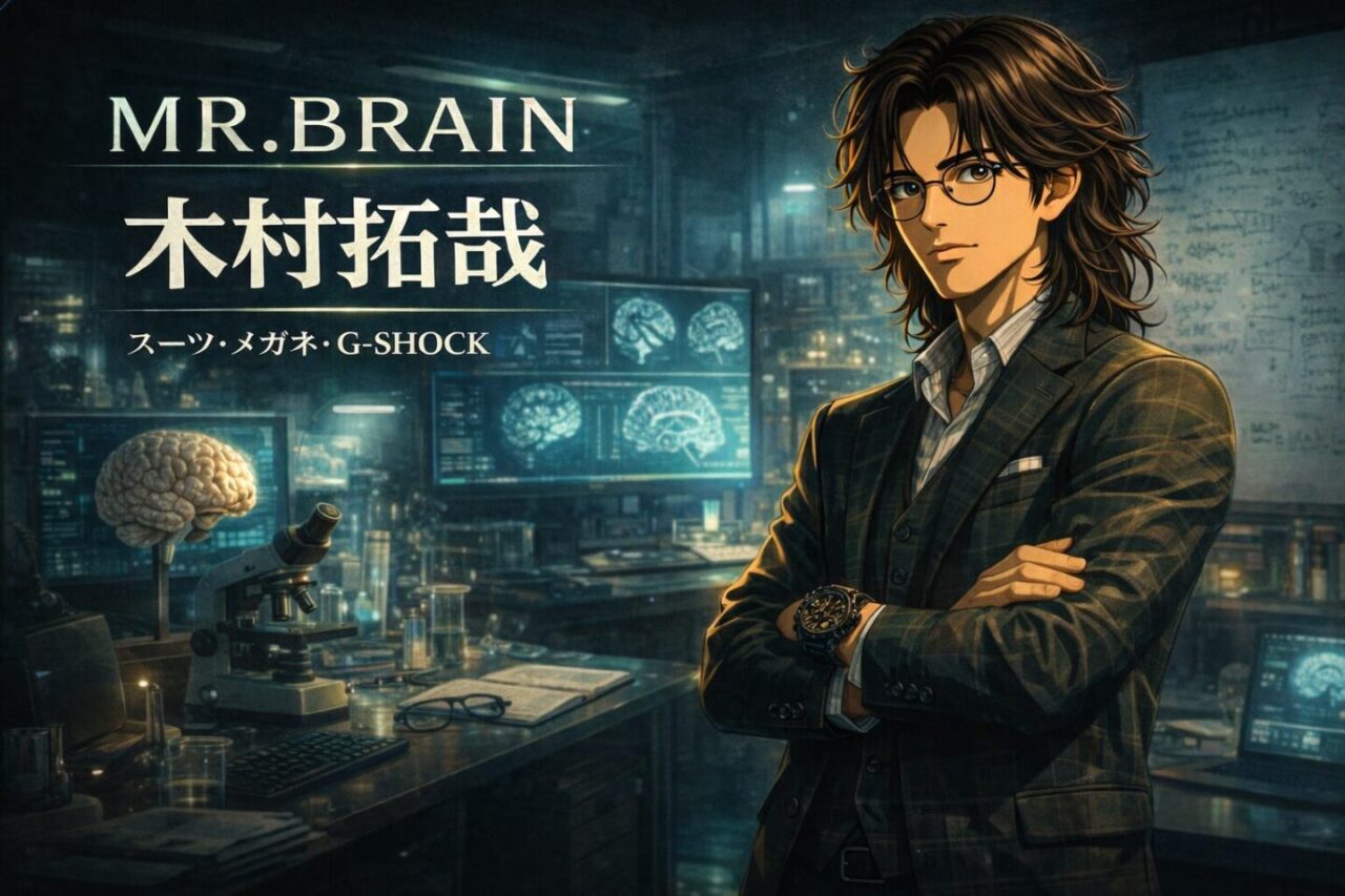 ドラマ『MR.BRAIN』木村拓哉の着用アイテム解説アイキャッチ画像。脳科学研究室を背景にタータンチェックのスーツとメガネ、G-SHOCKを着用した研究者風キャラクターのビジュアル。