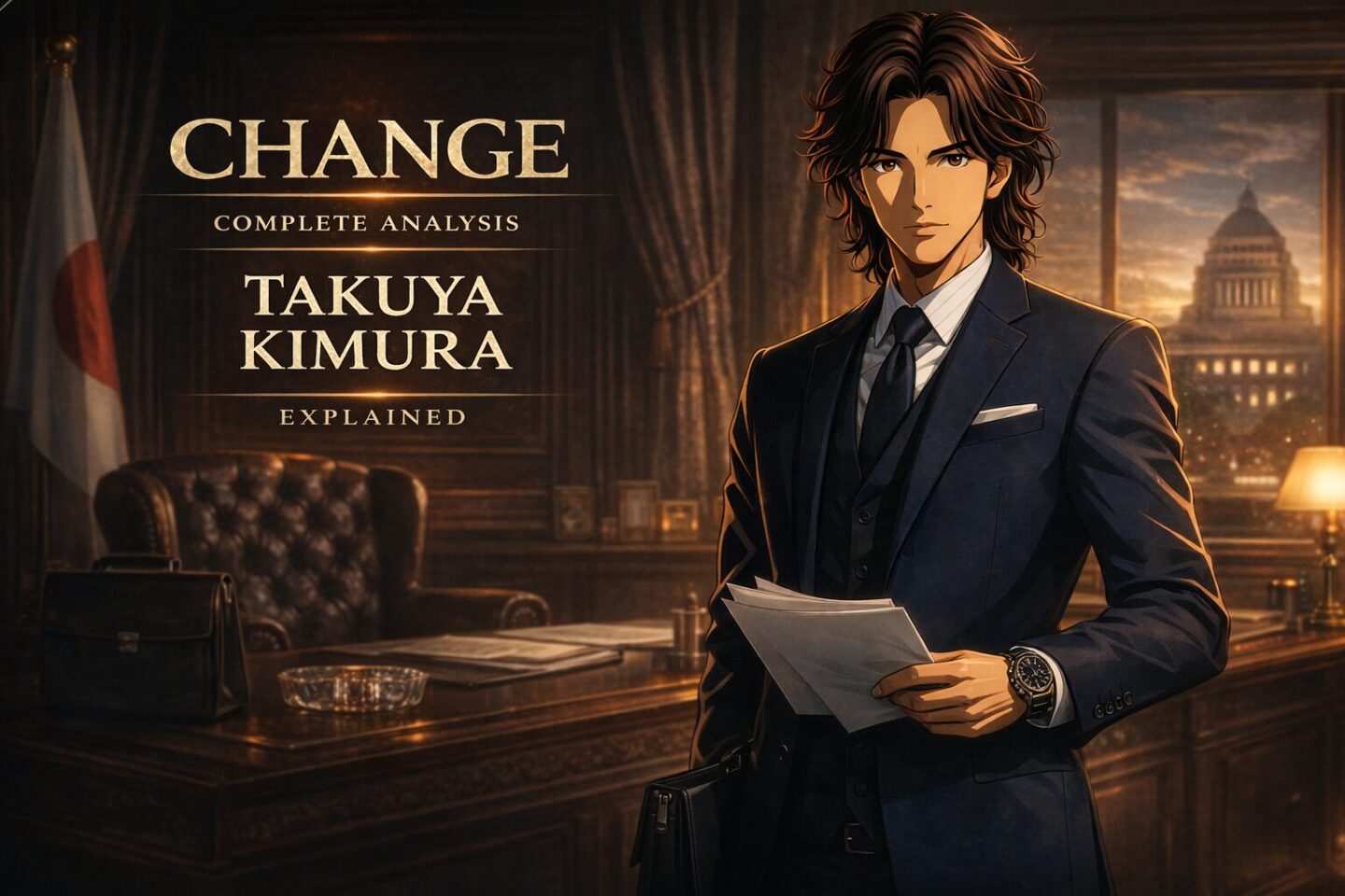 木村拓哉主演ドラマ『CHANGE』総理大臣・朝倉啓太をイメージしたアイキャッチ画像。スーツ姿で執務室に立つ政治ドラマポスター風ビジュアル。