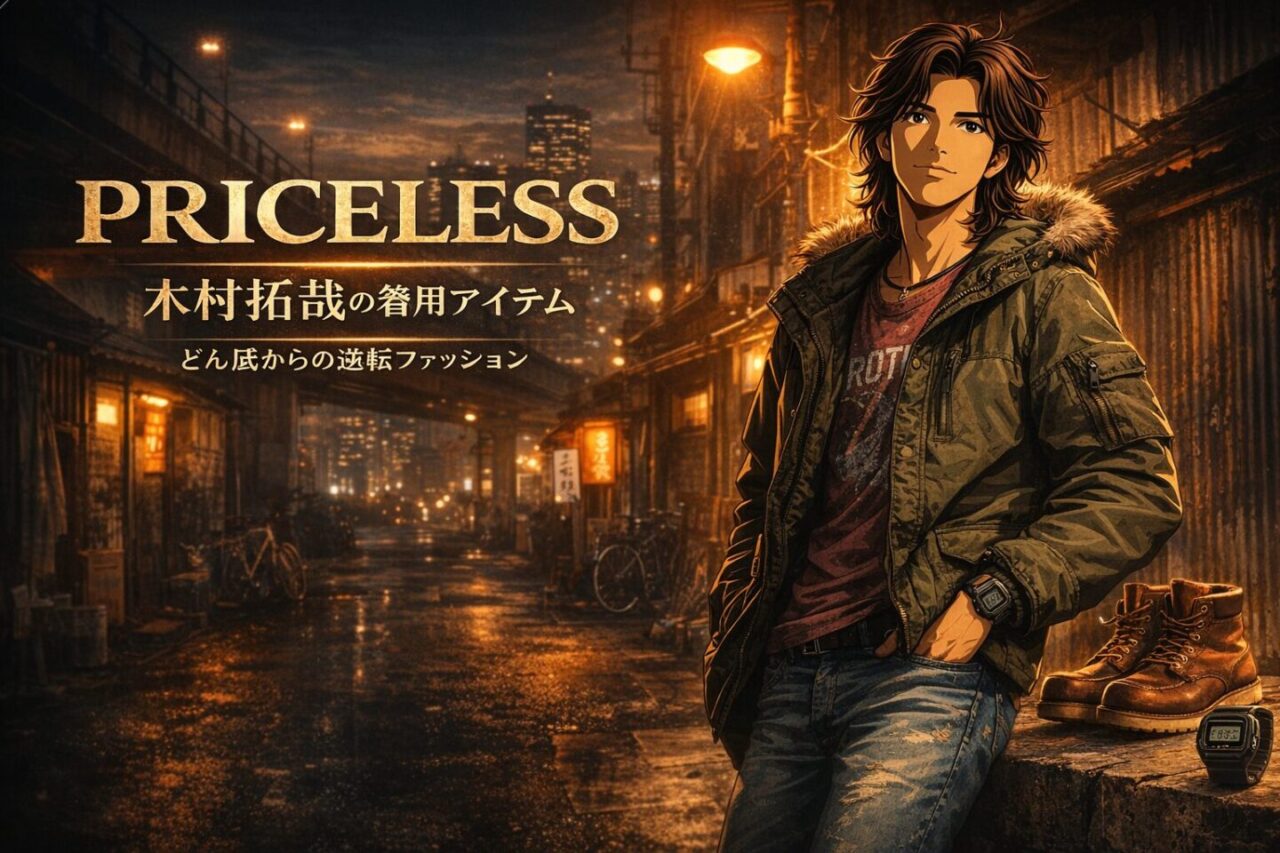 木村拓哉主演ドラマ『PRICELESS』の着用アイテムをイメージしたアイキャッチ画像。N-3Bジャケット、ヴィンテージデニム、レッドウィング風ブーツのキムタクファッション。