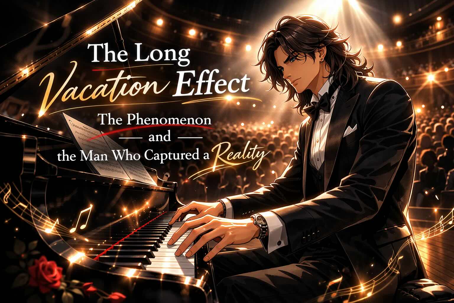 タキシード姿の長髪の2Dアニメ風キャラクターがコンサートホールでピアノを演奏するシネマティックなアイキャッチ画像。観客を前にした舞台の中、ドラマチックな照明とコントラストで『ロングバケーション』の世界観を表現している。
