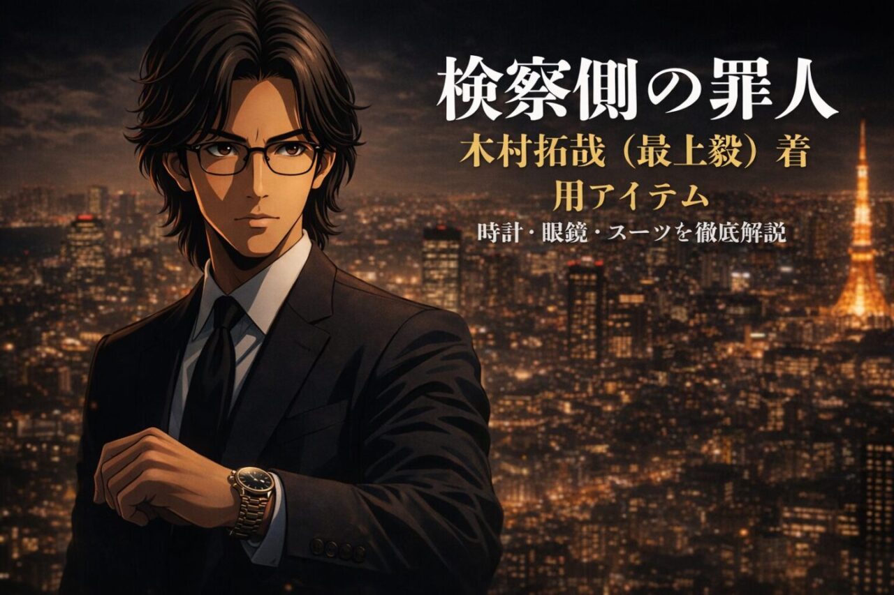 木村拓哉『検察側の罪人』最上毅の着用アイテム解説イメージ|ロレックス腕時計・眼鏡・スーツを表現した夜の東京背景ビジュアル