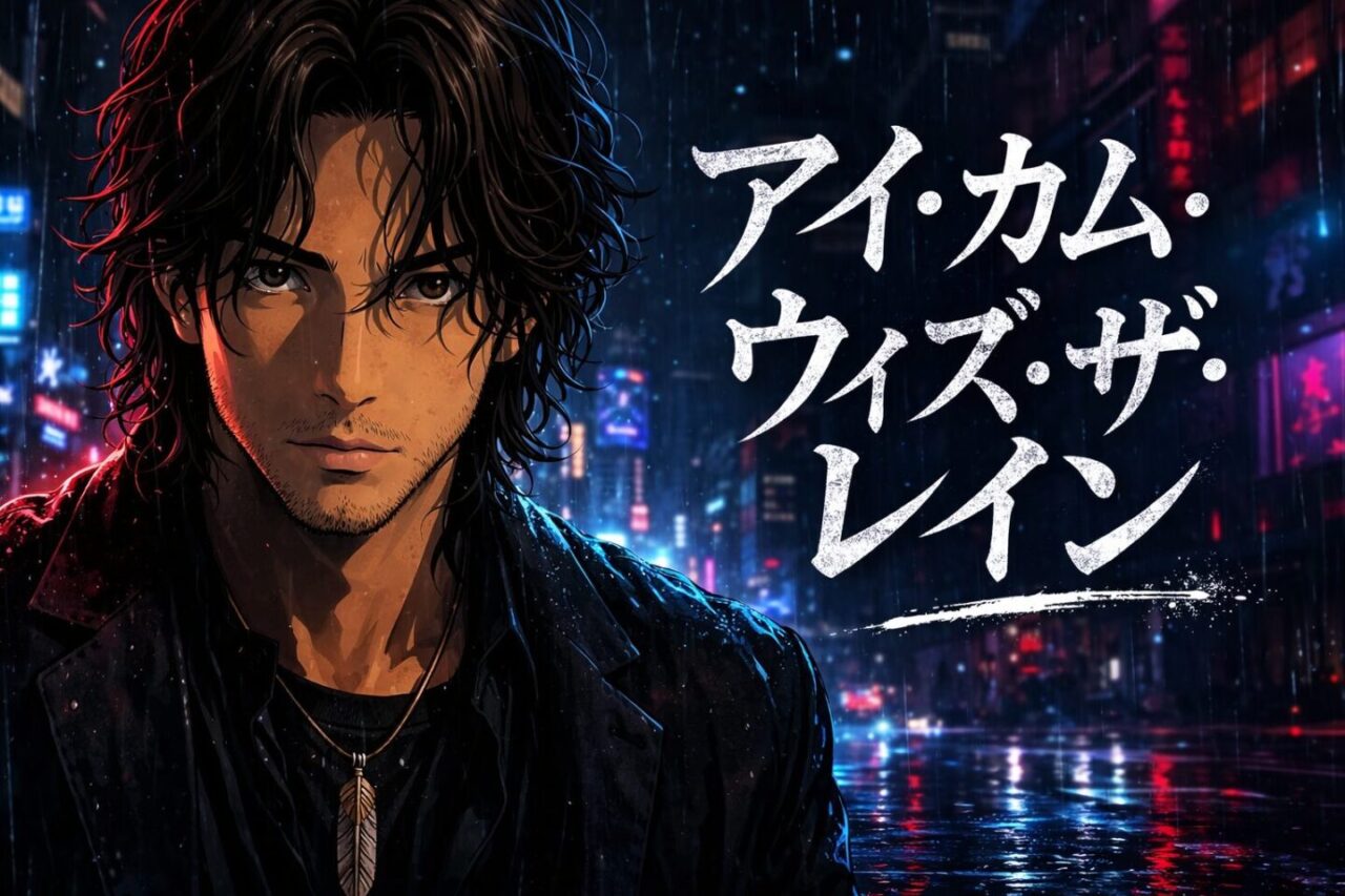 映画『アイ・カム・ウィズ・ザ・レイン』木村拓哉（シタオ）をイメージした香港の夜景ポスター風アイキャッチ