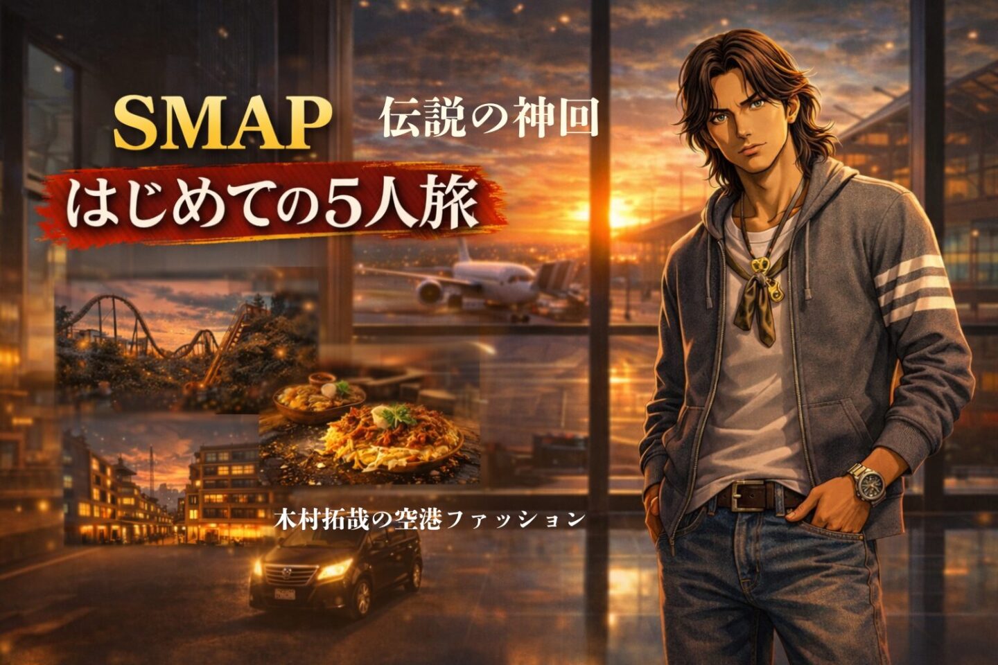 羽田空港の夕焼けロビーを背景に、グレーのジップアップパーカーとデニムを着た日本人男性が立つシネマティックなポスター風イラスト。左側にはUSJのジェットコースター、大阪のお好み焼き、有馬温泉の旅館、レンタカーのイメージが配置され、「SMAP 伝説の神回 はじめての5人旅」をテーマにしたアイキャッチ画像。