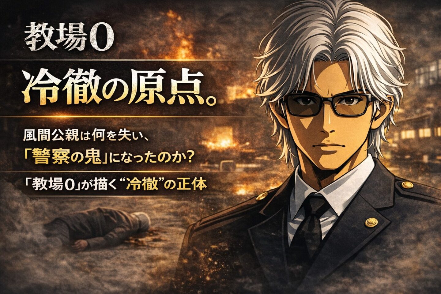ドラマ『教場0』の風間公親（木村拓哉）をモチーフにした白髪の警察教官の2Dアニメ風キャラクターが、サングラス姿で“警察の鬼”を象徴する背景に立つビジュアル。