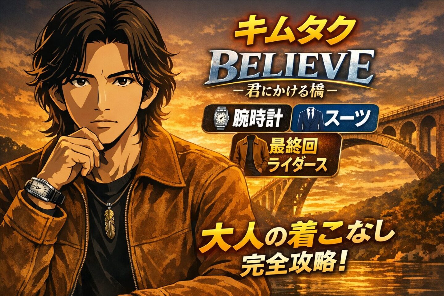 木村拓哉『Believe―君にかける橋―』衣装解説アイキャッチ。ブラウンのスエードライダースを着用した2Dアニメ風キムタク風キャラクターと夕焼けの橋背景。腕時計・スーツ・最終話ライダースを特集。