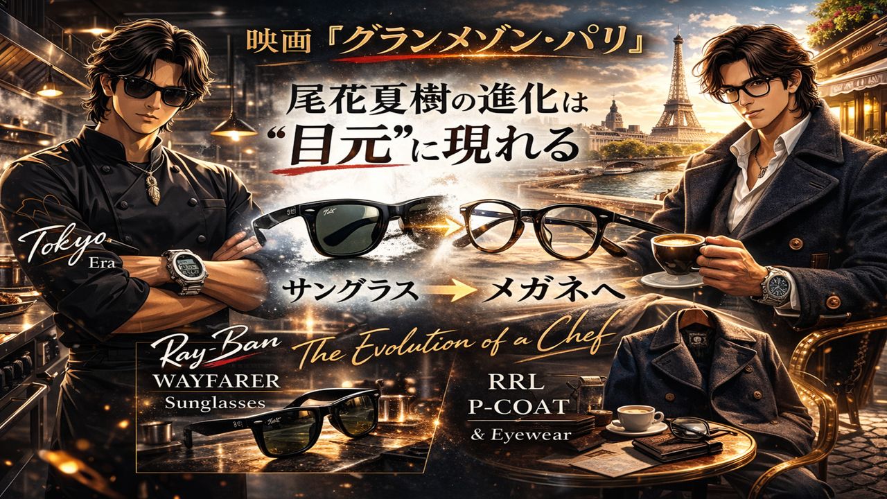 映画『グランメゾン・パリ』をイメージしたビジュアルで、東京時代の黒いシェフスタイルとサングラス姿、パリ時代のクラシックなPコートとメガネ姿を対比した男性シェフの進化を描いたアイキャッチ画像。背景は夜の厨房と昼のパリの街並みで、中央にサングラスからメガネへの変化を象徴するビジュアルが配置されている。