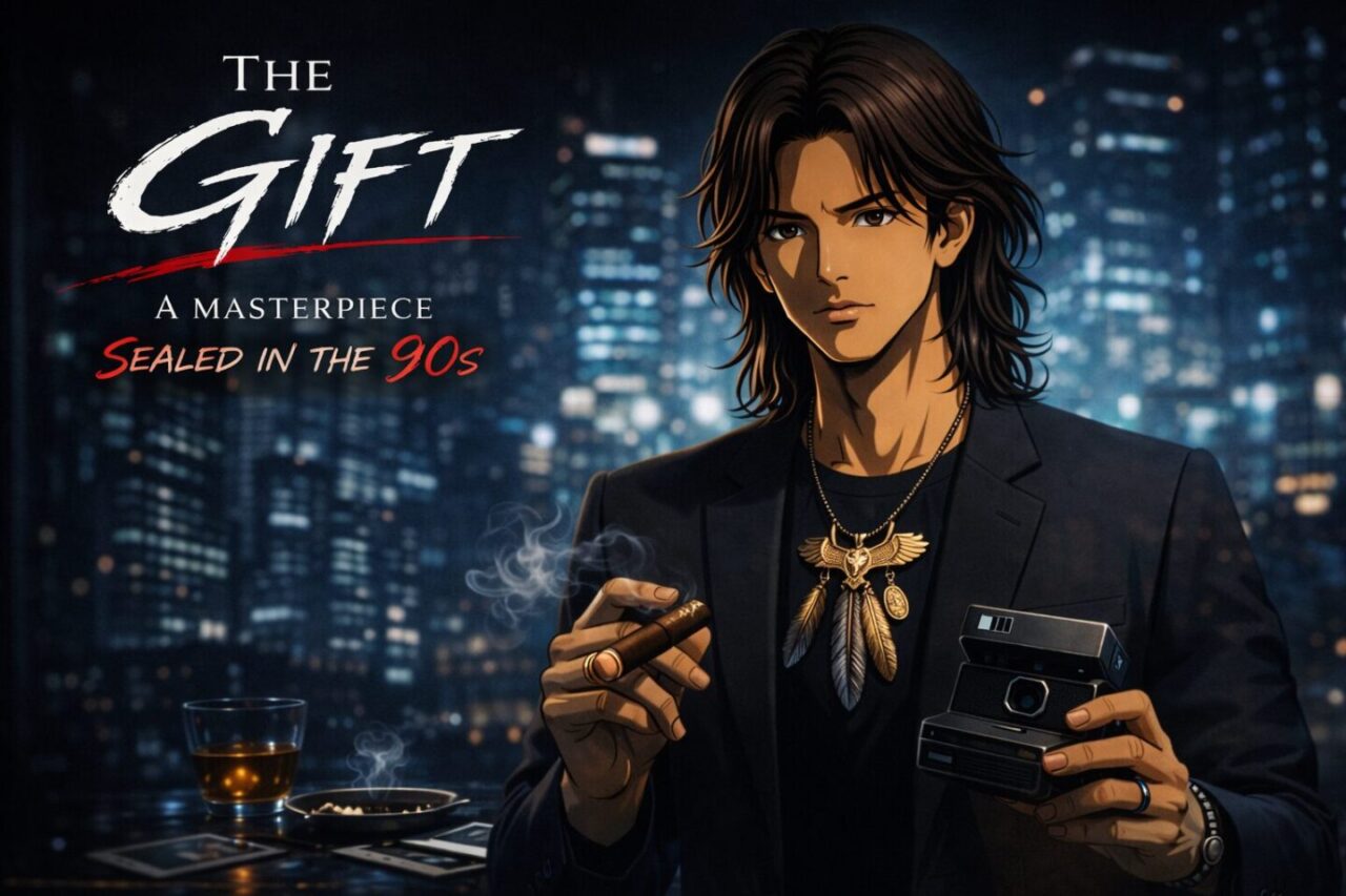 90s Tokyo cityscape at night with a long-haired anime-style man in a dark suit holding a cigar and a Polaroid camera, wearing a large feather and eagle pendant necklace, titled “THE GIFT – A MASTERPIECE SEALED IN THE 90s”
