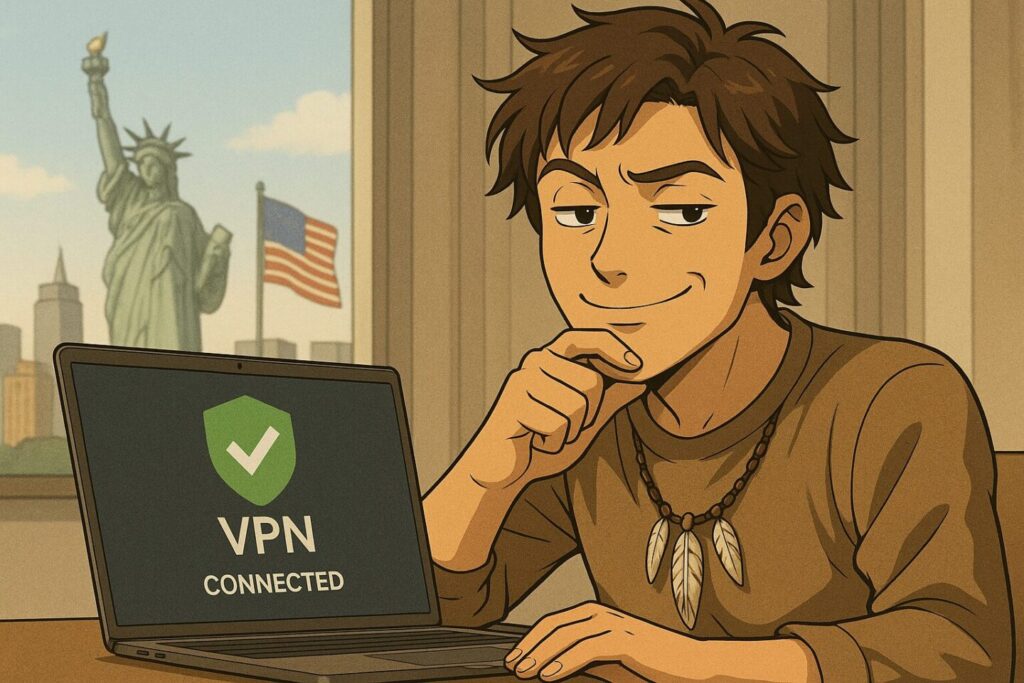 「VPNに接続して満足げに微笑む男性がノートパソコンを操作しているアニメ風イラスト。画面には『VPN CONNECTED』の表示、背景には自由の女神像とアメリカ国旗が描かれており、海外サイトへのアクセス成功を表現している。」