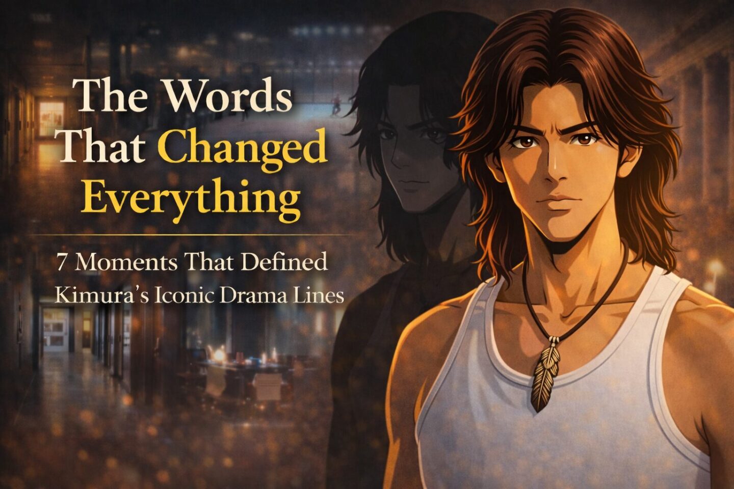 白のタンクトップを着た2Dアニメ風の男性キャラクターが前を見据えて立ち、その背後に少しずれた陰のような分身が重なる構図。背景には警察学校の廊下、ホッケーリンク、美容室の鏡、裁判所を思わせる空間が抽象的に溶け込み、シネマティックな光と影で感情の変化を表現しているビジュアル。