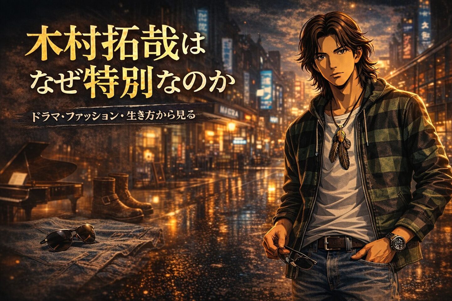 ネオンが光る夜の東京を背景に、黒と緑のバッファローチェックシャツを着た男性が立つ90年代日本ドラマ風ポスターイラスト。フェザーネックレスやブーツなどキムタクファッションを象徴するアイテムが配置されたアイキャッチ画像。