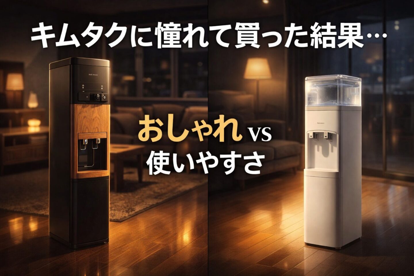 キムタク出演ドラマに登場したamadanaウォーターサーバーと浄水型ウォーターサーバーの違いを比較したイメージ。デザイン性と使いやすさを対比したレビュー記事用アイキャッチ。