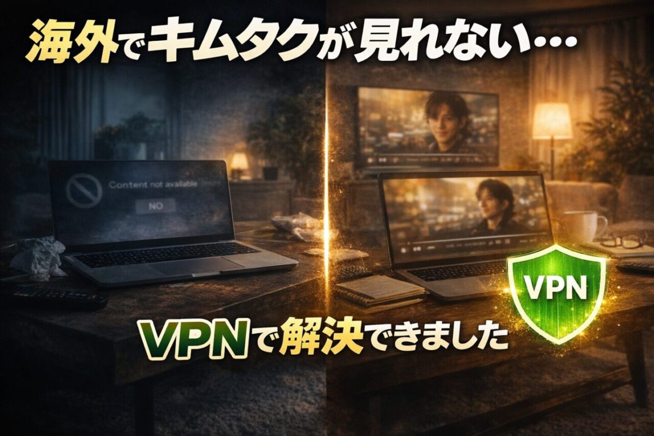 海外でキムタク作品が見れない原因とVPNで解決する方法を表したイメージ