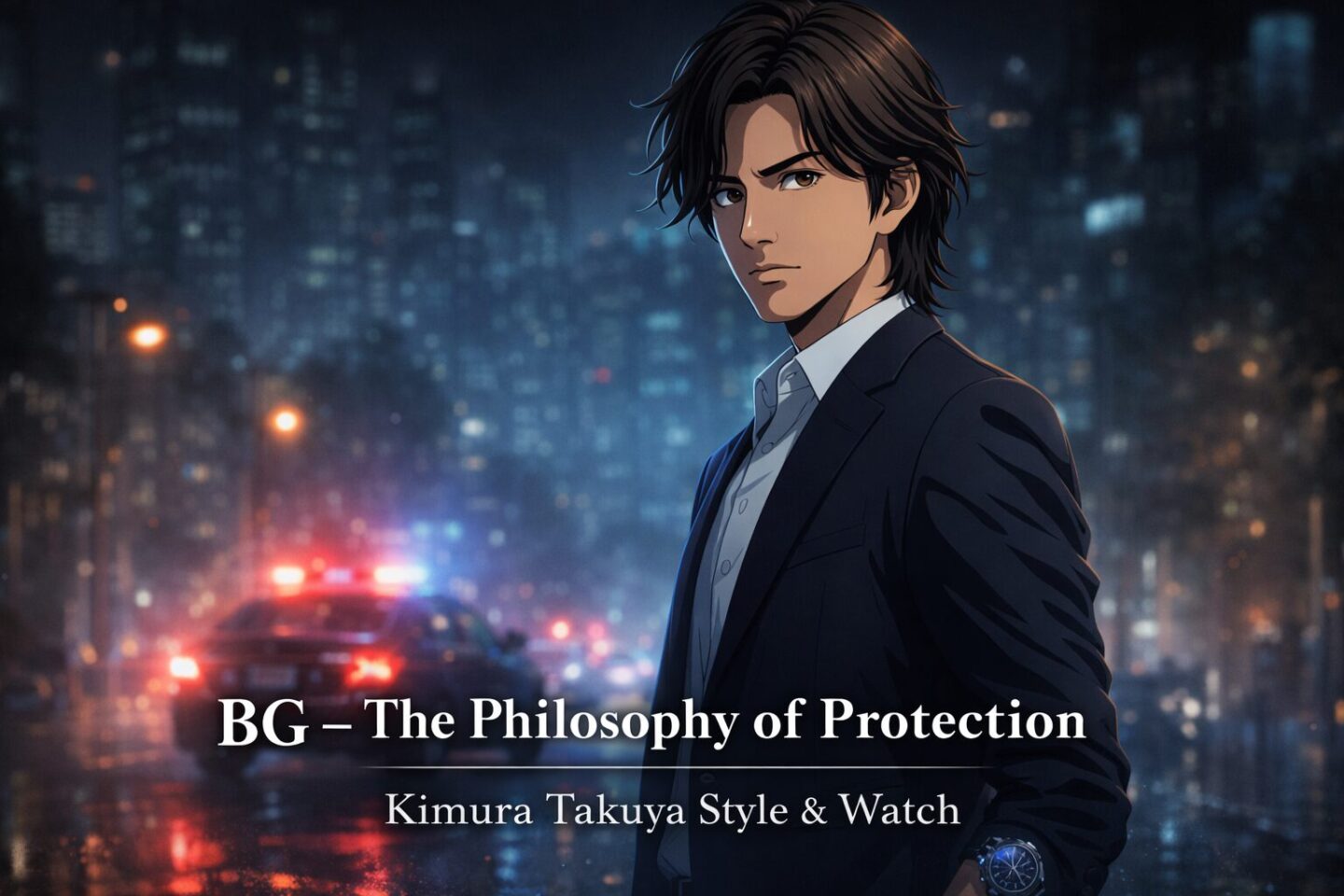 BG〜身辺警護人〜で島崎章を演じる木村拓哉をイメージした、ネイビースーツとオメガ風腕時計のシネマティックな2Dアニメアイキャッチ画像