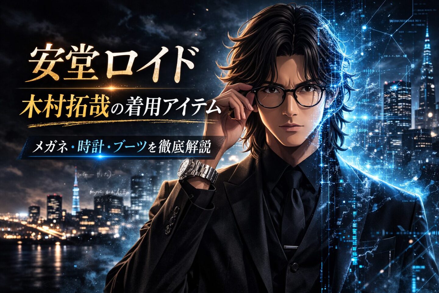 ドラマ『安堂ロイド〜A.I. knows LOVE？〜』で木村拓哉が着用したメガネ・腕時計・ブーツを解説する記事のアイキャッチ画像。黒スーツ姿の男性キャラクターと近未来SF風の青いデジタル背景が特徴。