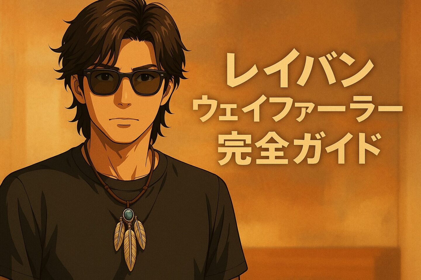 「ウェイファーラー風サングラスをかけた男性がネイティブ風ネックレスを身につけ、落ち着いた色合いの背景の中で真っ直ぐ前を見つめているアニメ風イラスト。右側に『レイバン・ウェイファーラー完全ガイド』のタイトル文字入り。」