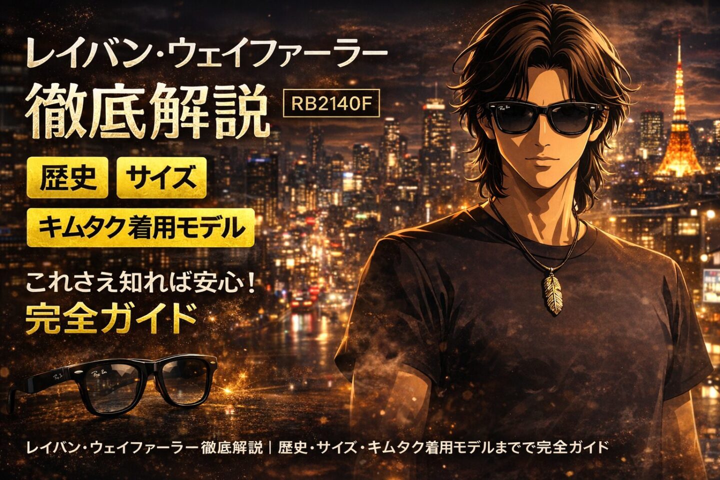都会の夜景を背景に、レイバン・ウェイファーラーRB2140Fを着用した2Dアニメ風キャラクターが描かれた徹底解説ガイドのアイキャッチ画像。