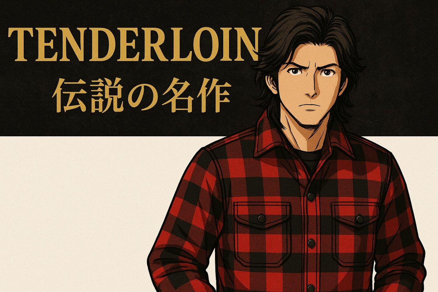 伝説のブランド「TENDERLOIN」と木村拓哉をテーマにした2Dアニメ風イラスト。赤と黒のバッファローチェックシャツを着た男性が真剣な表情で立ち、背景は黒と白のツートン。タイトル「TENDERLOIN 伝説の名作」が金色の文字で描かれている。