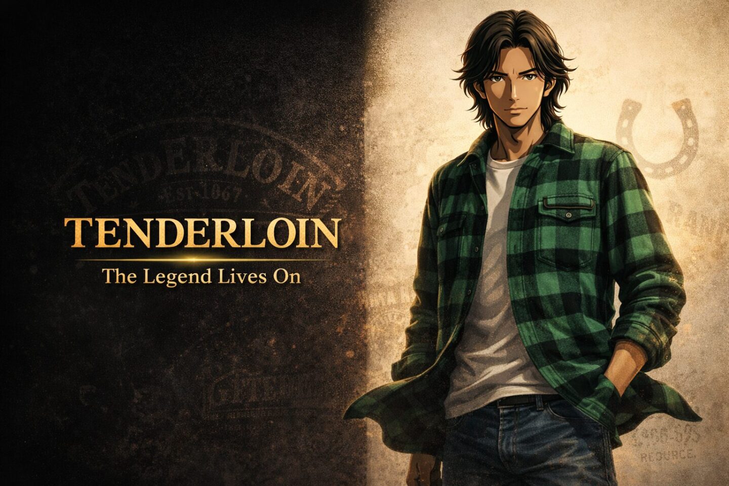 緑と黒のバッファローチェックシャツを着た男性キャラクターが、ヴィンテージストリートの雰囲気を背景に立つシネマティックなアイキャッチ画像。背景は左が深い黒、右がオフホワイトに分かれ、馬蹄形リングのシルエットやレザー質感のパターンが浮かび、「TENDERLOIN – The Legend Lives On」のゴールドタイトルが配置されている。