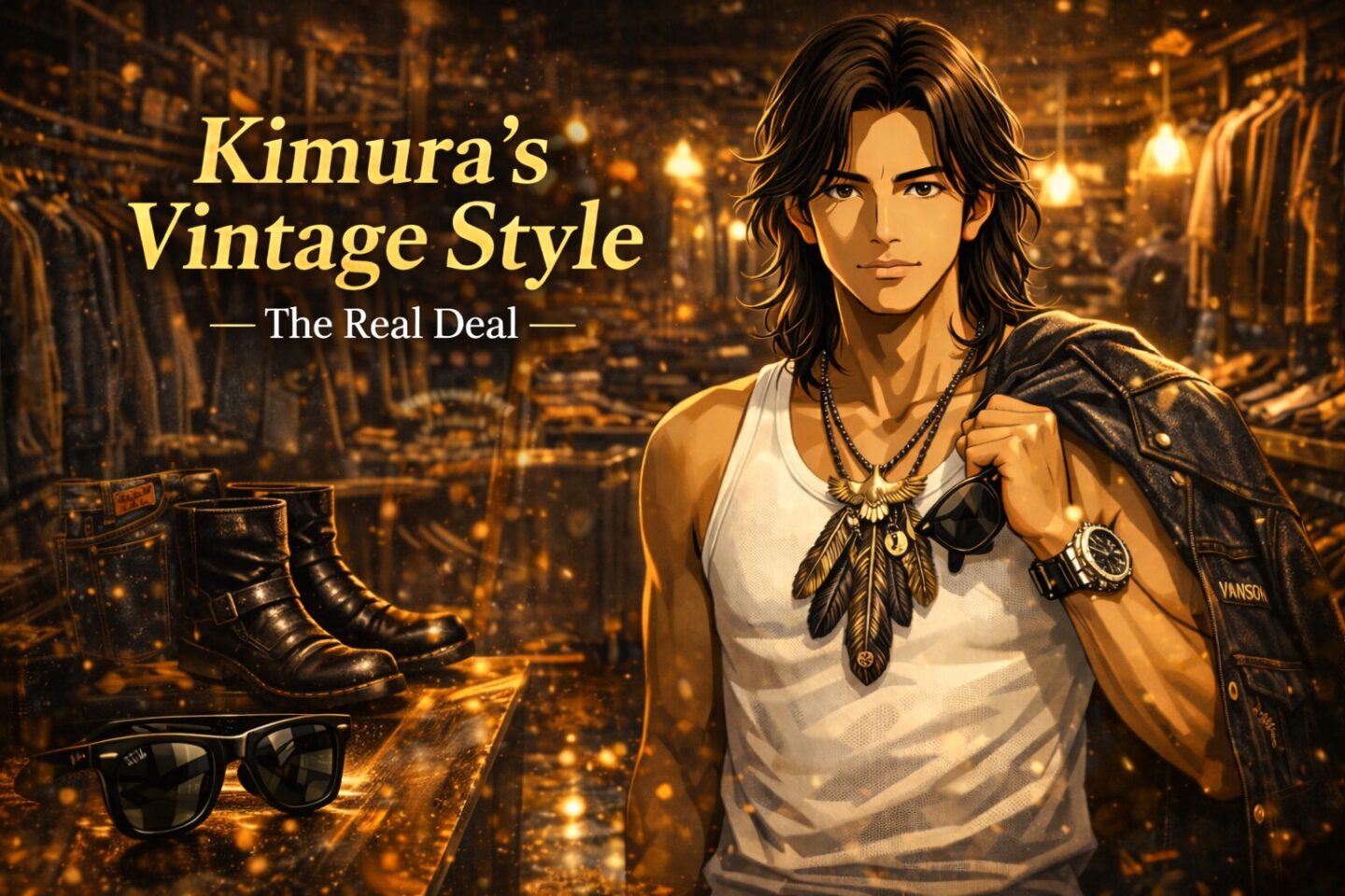 古着店の店内を背景に、白のタンクトップとフェザーネックレスを着用したロングヘアの2Dアニメ風キャラクターが立つヴィンテージスタイルのアイキャッチ画像。「Kimura’s Vintage Style — The Real Deal」の英語タイトルが入った構成。
