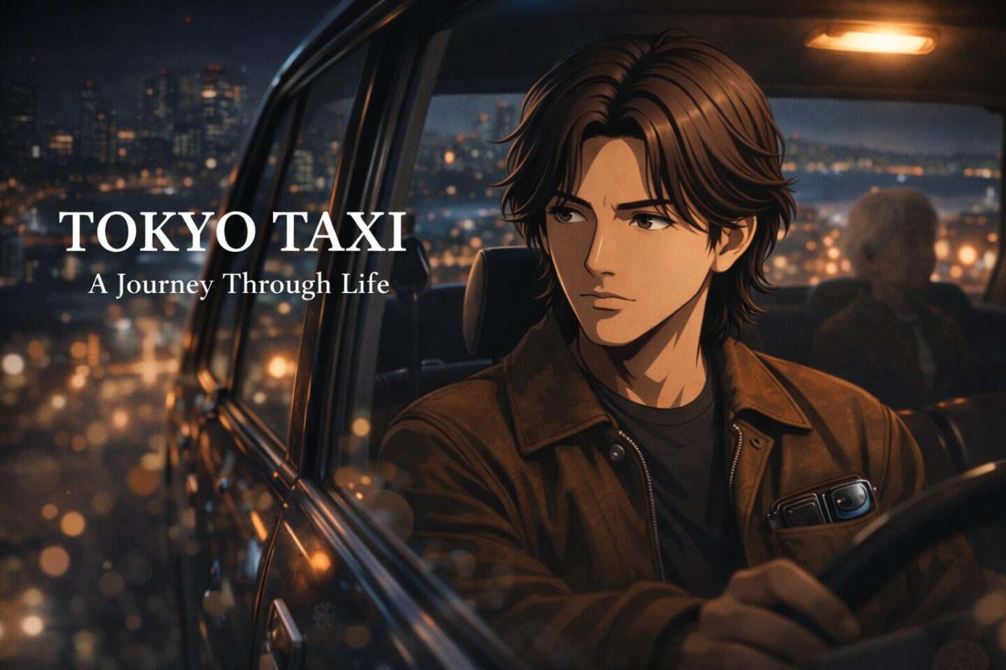 夕暮れから夜へ移る東京の街を背景に、ヴィンテージ風ダービージャケットを着た2Dアニメ風男性タクシードライバーが運転席に座り、後部座席には老婦人のシルエットがぼんやり映る『TOKYO TAXI』イメージのアイキャッチ画像。