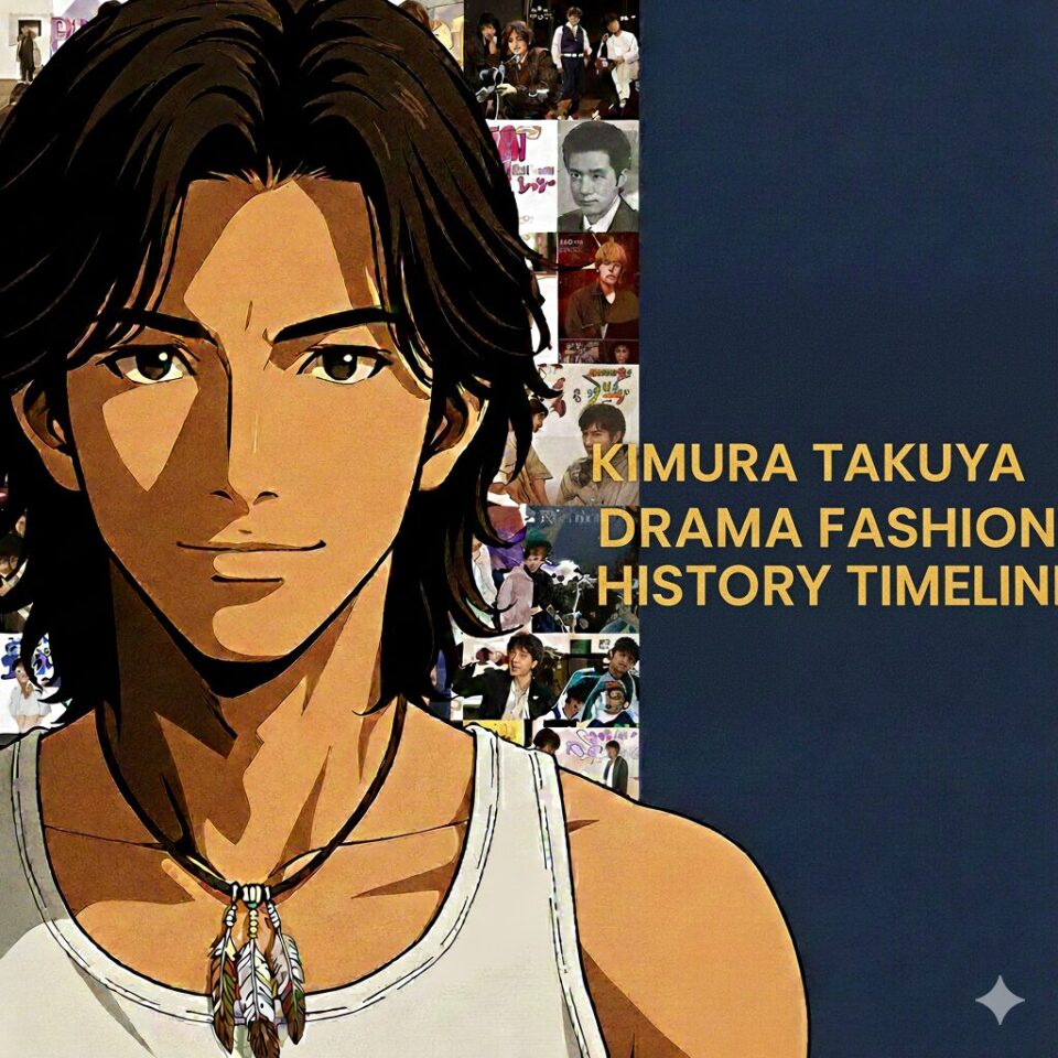 「木村拓哉のドラマファッション歴史年表のアイキャッチ画像。2Dアニメーションの木村拓哉が白のタンクトップとフェザーのネックレスを着用し、背景には彼の出演ドラマの様々なファッションシーンがコラージュされている。タイトルは『Kimura Takuya Drama Fashion History Timeline』」