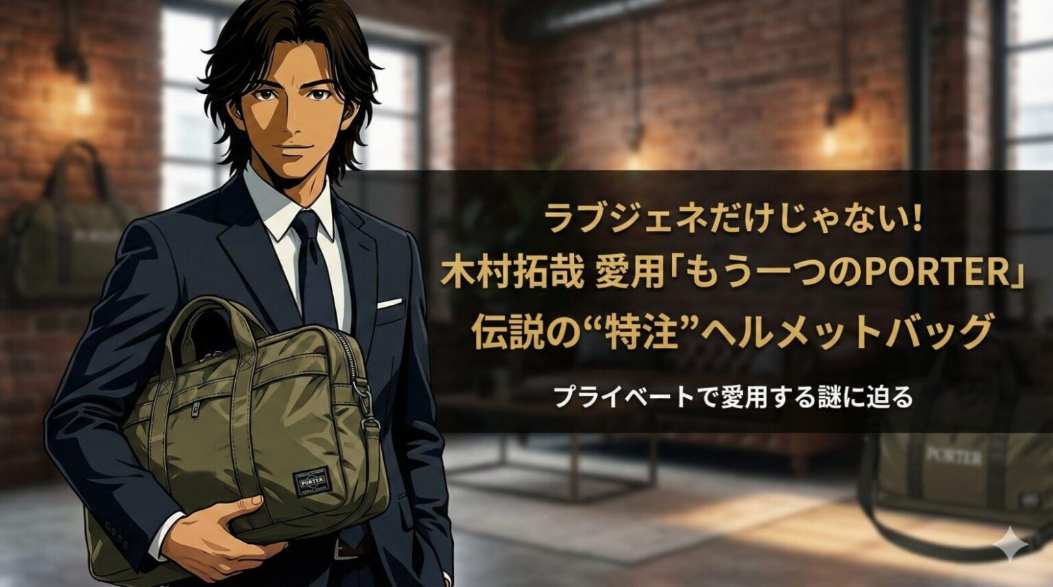 「ブログ記事のアイキャッチ画像。スーツを着たアニメキャラクターの男性が、PORTERのロゴが入ったカーキ色のヘルメットバッグを小脇に抱えて立っている。背景はレンガ壁の落ち着いた部屋で、他にもPORTERのバッグが置かれているのが見える。画面右側には大きな金色の文字で『ラブジェネだけじゃない！木村拓哉 愛用「もう一つのPORTER」伝説の“特注”ヘルメットバッグ』、その下に白い文字で『プライベートで愛用する謎に迫る』と書かれている。」