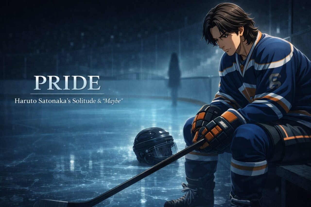 アイスホッケーのユニフォーム姿の男性キャラクターがリンクのベンチに座り、スティックを手に静かに俯くシネマティックなアイキャッチ画像。氷上には橋のシルエットや女性の影がぼんやりと反射し、「PRIDE – Haruto Satonaka’s Solitude & “Maybe”」の英字タイトルが左側に配置されている。
