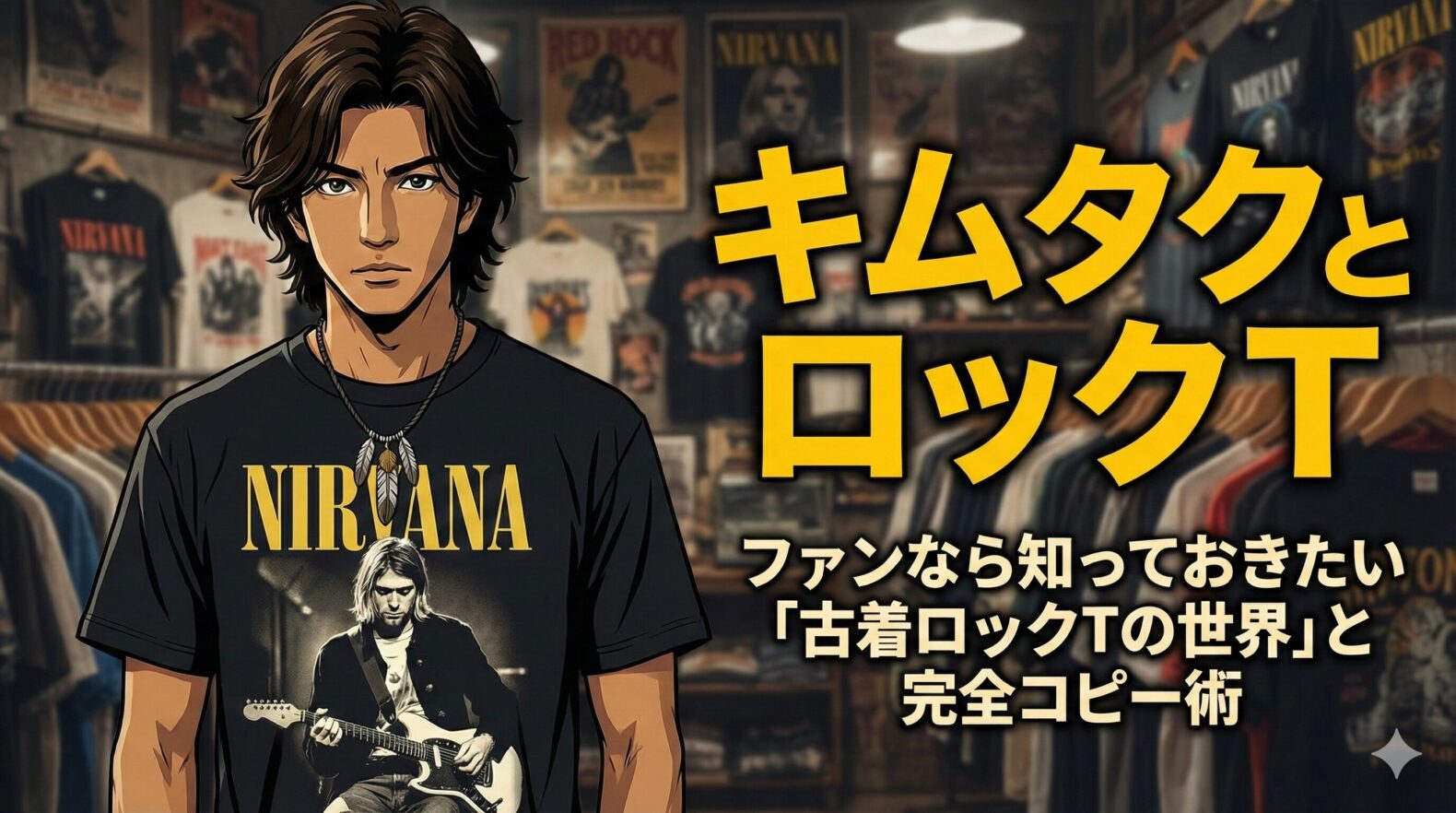 NIRVANAのカート・コバーンがプリントされた黒いロックTシャツとフェザーネックレスを着用したアニメーションの男性が、ヴィンテージの古着屋店内に立っている。背景には多くのバンドTシャツやポスターが飾られている。画面右側には黄色い大きな文字で『キムタクとロックT』、その下に『ファンなら知っておきたい「古着ロックTの世界」と完全コピー術』というテキストが配置されている。」