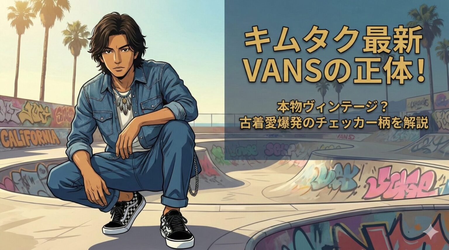 カリフォルニアのスケートパークで、デニム・オン・デニムのスタイルをしたアニメキャラクターの男性（翔太）が、黒いシューレースのチェッカー柄VANS Old Skoolを履いてしゃがんでいる。背景にはヤシの木やグラフィティがある。画面右側には大きな金色の文字で『キムタク最新VANSの正体！』、その下に『本物ヴィンテージ？古着愛爆発のチェッカー柄を解説』というテキストが配置されている。」