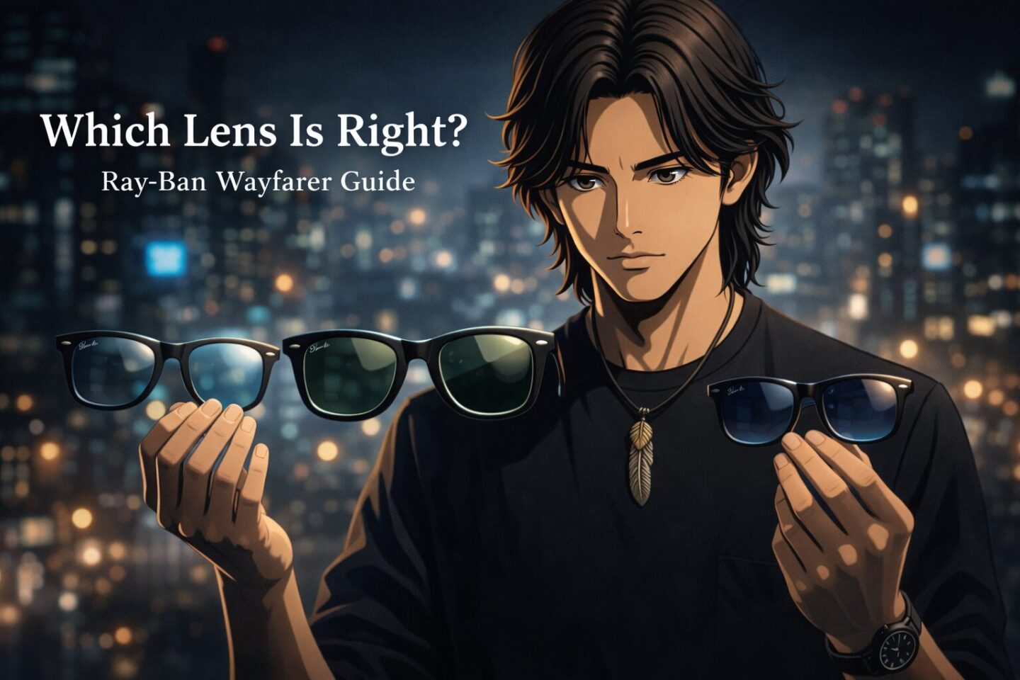 夜の都会を背景に、2Dアニメ風の男性キャラクターが3種類のレンズ（ライトブルー・グリーン・ブルーグラデーション）のレイバン・ウェイファーラーを見比べているアイキャッチ画像。